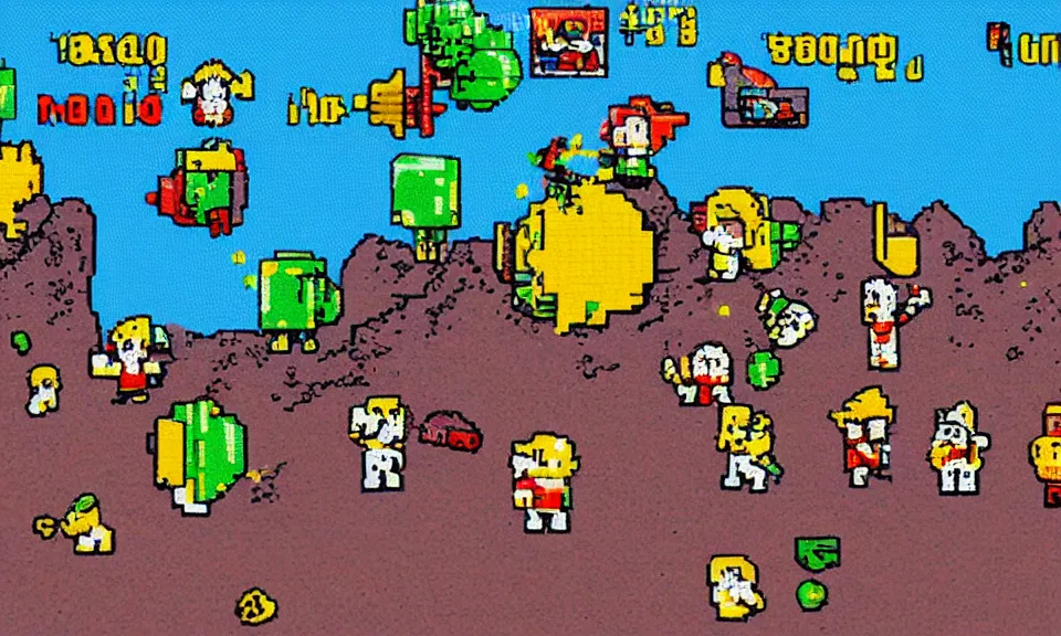 Image similar to 1 6 bit sprite painting of tiny people walking on the moon the style of eric chahi, in the style of 1 6 bit, in the style of sega genesis, in the style of another world