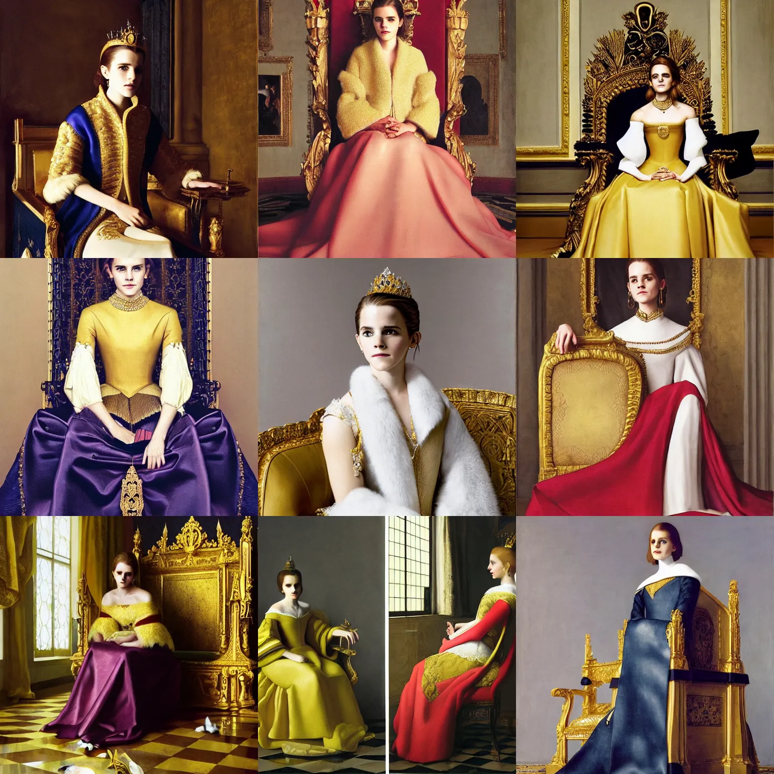 Prompt: regal Emma Watson sitting on queens throne royalty wearing royal mantle gold jewelry by moebius and atey ghailan by james gurney by vermeer by George Stubbs