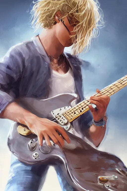 Image similar to blonde wild hair boy playing fender stratocaster, eye - patch, close - up portrait, plain white tshirt, powerfull, intricate, elegant, volumetric lighting, scenery, digital painting, highly detailed, artstation, sharp focus, illustration, concept art, steve mccurry