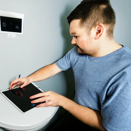Prompt: a man playing on his iPad on the gaming toilet with rgb lights