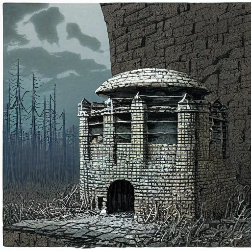 Image similar to pillbox paragonpunk fortress half-sunk in a radioactive Swamp, by Colleen Doran and by Angus McBride and by Ted Nasmith, low angle dimetric rendering, centered, 3-point perspective