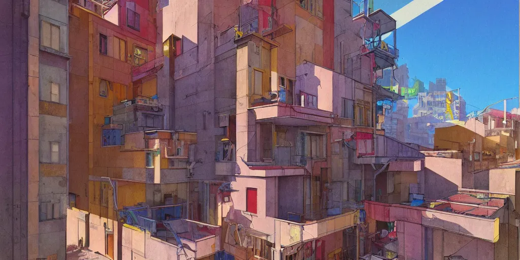 Image similar to neo brutralism, concrete housing, a long stairway going up, concept art, colorful, vivid colors, sunshine, light, shadows, reflections, oilpainting, cinematic, 3D, in the style of Akihiko Yoshida and Edward Hopper