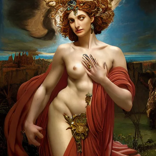 Image similar to Head and shoulders masterpiece portrait oil painting of the beautiful goddess Gal Gadot as Ceres, she is wearing roman clothes and a surreal jewelry, her hair is natural disheveled, she is approaching heaven over the clouds, naturalism, dramatic lighting, high-detailed oil painting by Ilya Repin, Michelangelo da Caravaggio, William Blake, Alex Grey and Beksinski, trending on Artsation, hystorical painting, naturalism, masterpiece, 4k, 8k,