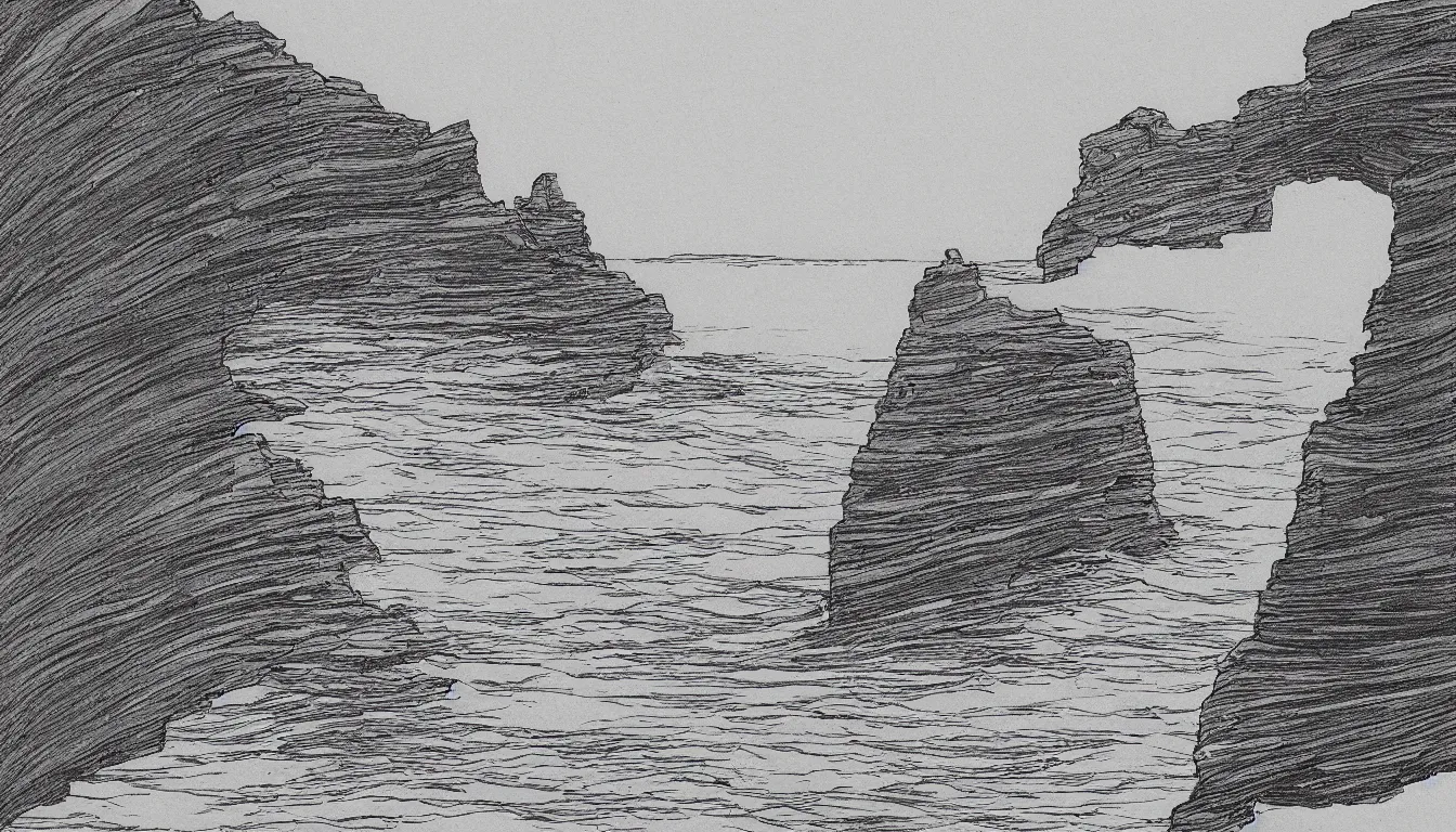 Prompt: ocean cliffs drawing by Moebius, minimalist, detailed, black and white drawing