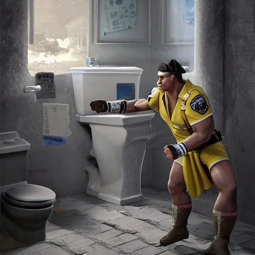 Image similar to toilet paper police, toilet police as ken street fighter, ultra realistic, concept art, intricate details, highly detailed, photorealistic, octane render, 8 k, unreal engine, art by frank frazetta, simon bisley, brom