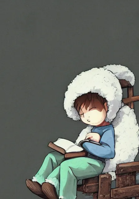 Image similar to beautiful little boy wearing sheep suit reading a book while sitting on chair, gray, blue, green and brown pallet color. made in abyss art style, inspired by kris from deltarrune, cute detailed artwork, anatomically correct, soft details, ilya kuvshinov, reflection, perfect composition, mobile wallpaper, illumination, helltaker, digital art, forest