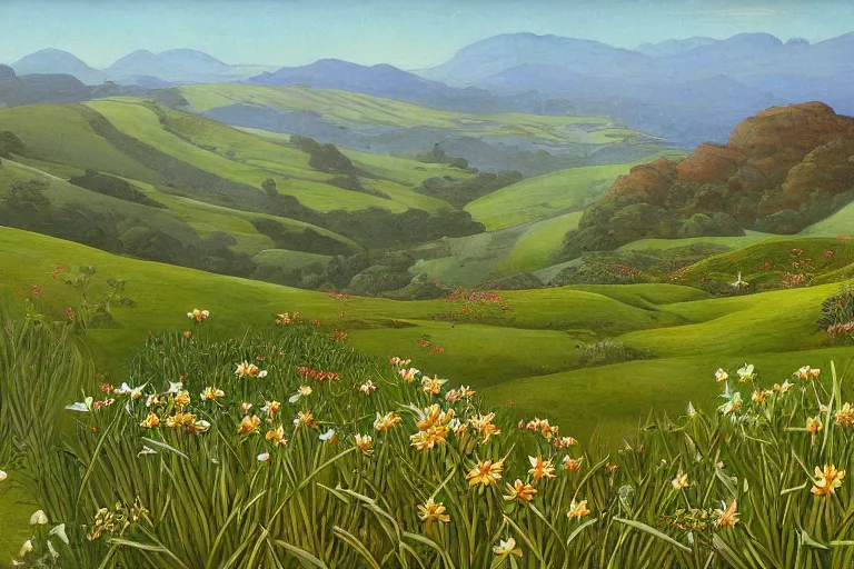 Prompt: hills with grass and flowers, close up by marianne north by moebius