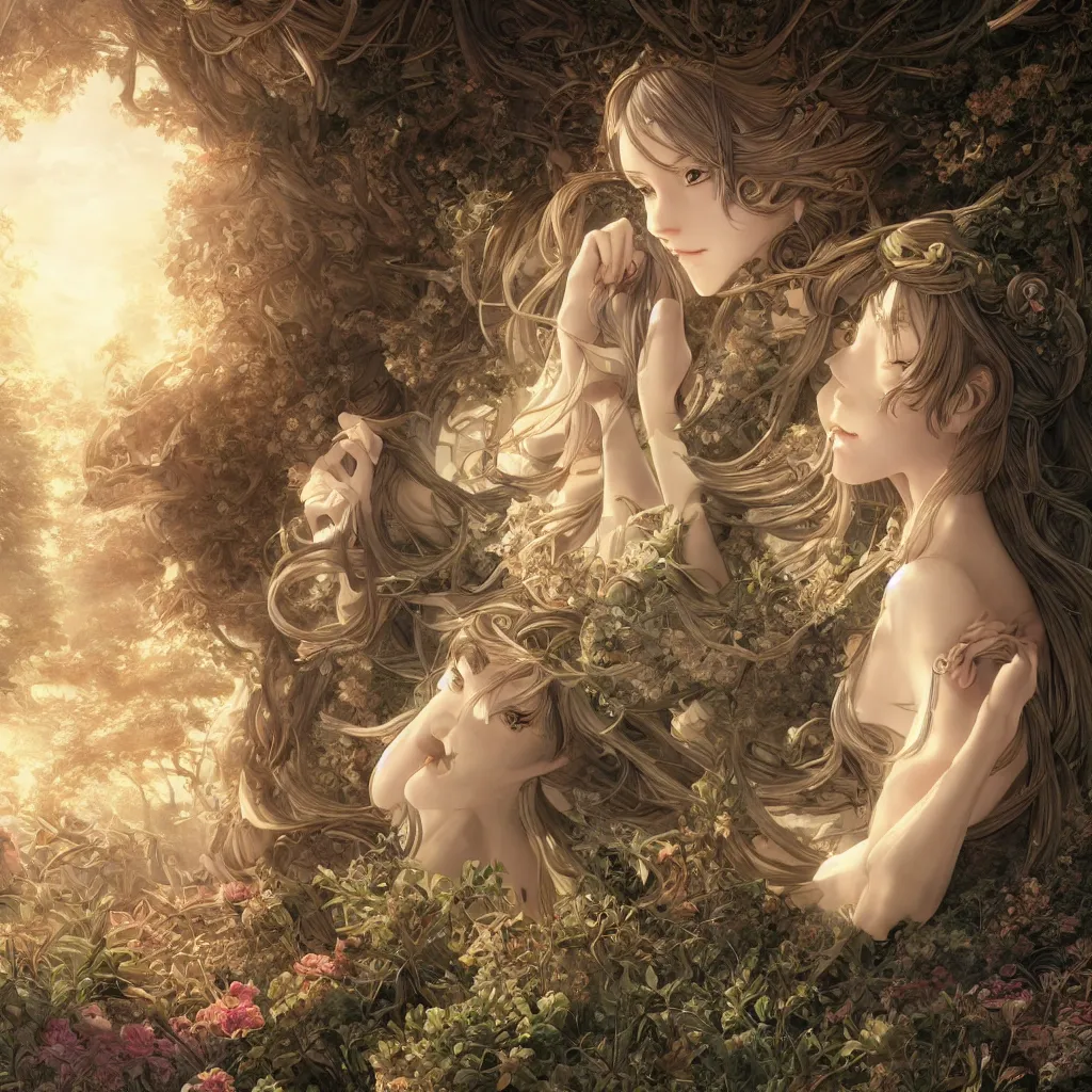 Image similar to the portrait of beautiful goddess, elegant, young anime girl, an ultrafine hyperdetailed illustration by caspar david friedrich, irakli nadar, intricate linework, bright colors, smooth, octopath traveler, final fantasy, unreal engine 5 highly rendered, global illumination, radiant light, detailed and intricate environment