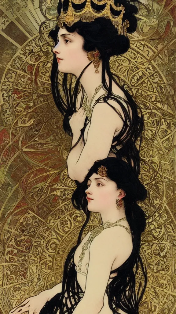 Image similar to portrait of a beautiful black haired woman with pale skin and a crown on her head sitted on an intricate metal throne, artwork by alphonse mucha