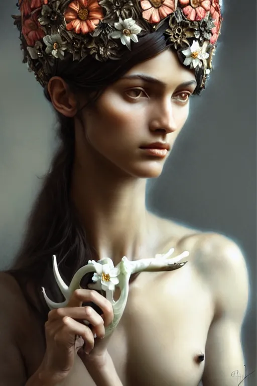 Prompt: portrait of a Marble Sculpture of a Brazilan Supermodel wearing a floral crown, olive skin, long dark hair, beautiful bone structure, art deco, fantasy, intricate flower designs, elegant, highly detailed, sharp focus, art by Greg Rutkowski