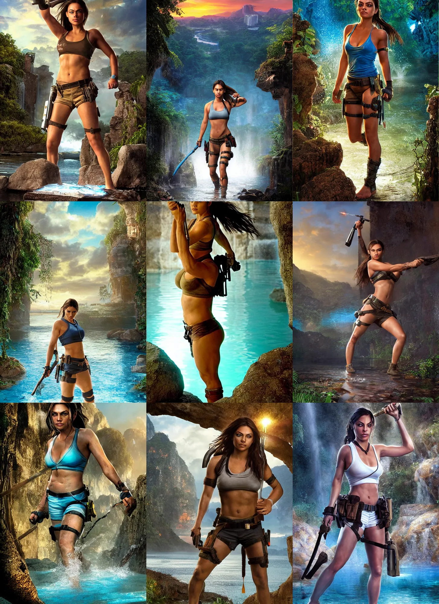 Prompt: amazon mila kunis as muscled amazon lara croft wading through blue glowing water, bright white castle stones, 2 0 0 mm focal length, epic vista of old ruins, sundown, golden hour firefly wisps, steve hanks, charlie bowater, mark brooks, steve henderson, justin gerard, mark keathley, victor nizovtsev, ross tran, wlop