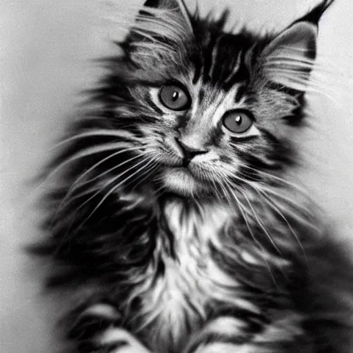 Image similar to close up of a maine coon kitten smoking a sigar, ww 2, black & white