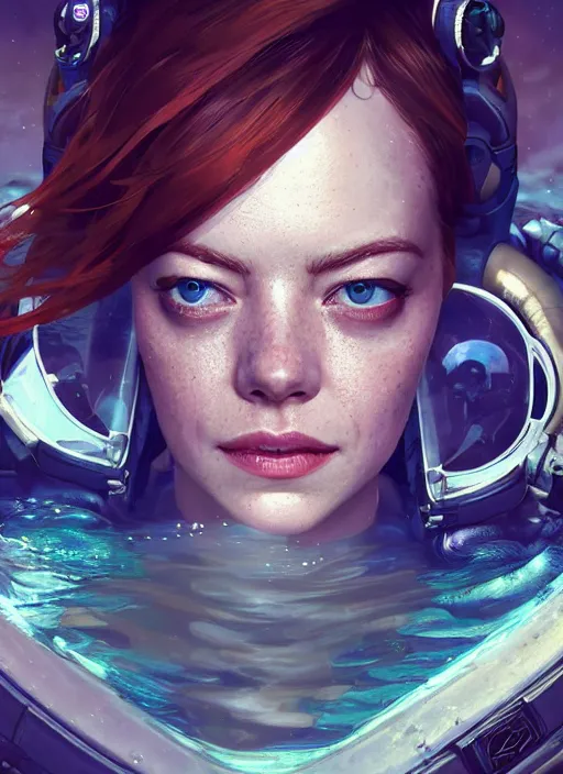 Image similar to underwater portrait of emma stone as a space marine, hyper detailed, digital art, cinematic lighting, studio quality, smooth render, unreal engine 5, octane rendered, art style by klimt and nixeu and ian sprigger and wlop and krenz cushart.