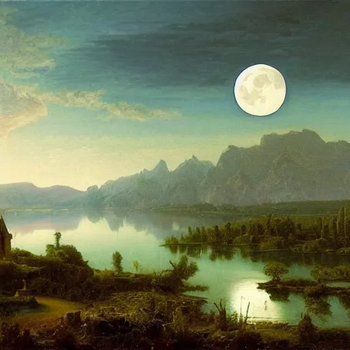 Prompt: an exceptional oil landscape painting of a medieval castle on a beautiful landscape with lake, forest, jagged mountains in the distance, the moon is ultra high resolution in the sky, high resolution albert bierstadt