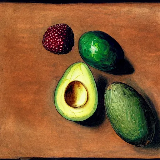 Image similar to an avocado and a raspberry watching the world on burn with fire, done in the style of old botanical illustrations, matisse, caravaggio, basquiat, japanese art, 4 k