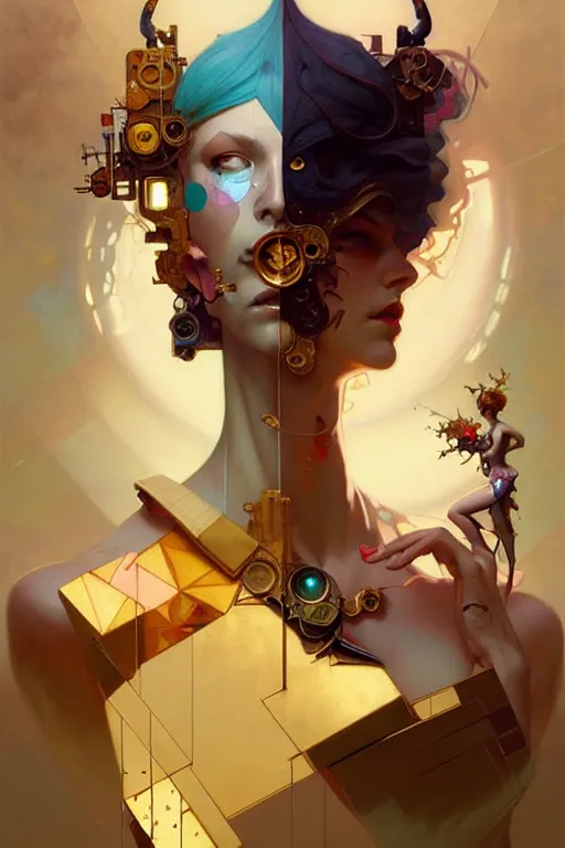 Image similar to portrait, patchwork doll, cyberpunk, elegant baroque, asymmetrical art, emotional, hyperrealism, colorful, vivid, imposing, epic, abstract texture, gold leaf texture, artstation, concept art, by peter mohrbacher and wlop and rhads and artgerm and magali villeneuve and alphonse mucha