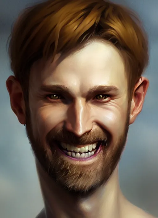 Image similar to a _ fantasy _ style _ portrait _ painting _ of white male short fringe light brown hair short face grinning, rpg dnd oil _ painting _ unreal _ 5 _ daz. _ rpg _ portrait _ extremely _ detailed _ artgerm _ greg _ rutkowski _ greg