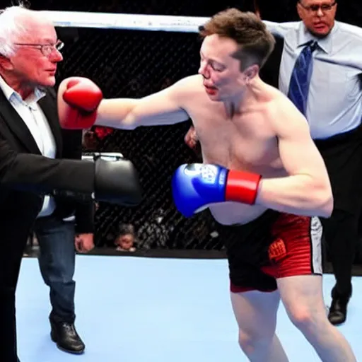 Prompt: elon musk getting sucker punched by bernie sanders in an mma arena