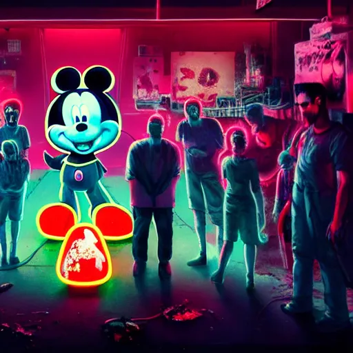 Prompt: a group of people standing around a giant bloody wounded mickey mouse, neon netflix logo, cyberpunk art by david lachapelle, cgsociety, sots art, dystopian art, reimagined by industrial light and magic, dark concept art