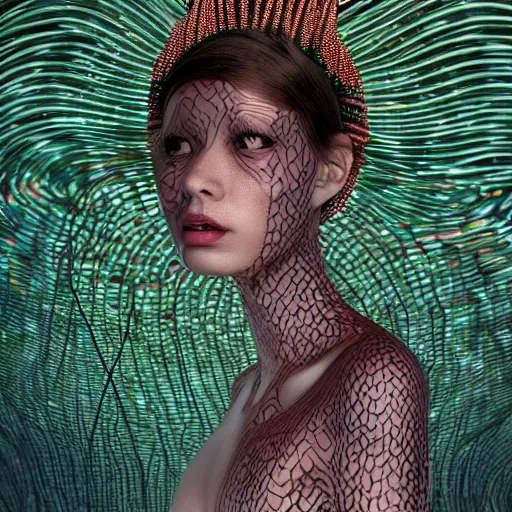 Image similar to swimming deeper into the multiverse, maze of modular synth cables mixed with mangrove roots, kawaii puerto rican goddess chilling out wearing a headpiece made of circuit boards designed by isabel marant, by cameron gray, wlop, stanley kubrick, masamune, hideki anno, jamie hewlett, unique perspective, trending on artstation, 3 d render, vivid