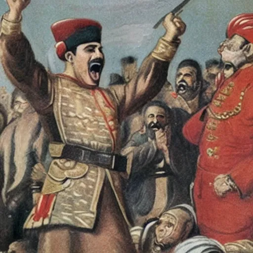 Image similar to a Propaganda image of a Tunisian man screaming at the Ottoman Sultan,