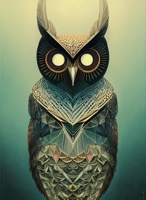 Image similar to portrait of a geometric owl, identical eyes, medium shot, illustration, full body made of white feathers, symmetrical, art stand, super detailed, cinematic lighting, and its detailed and intricate, gorgeous, by peter mohrbacher