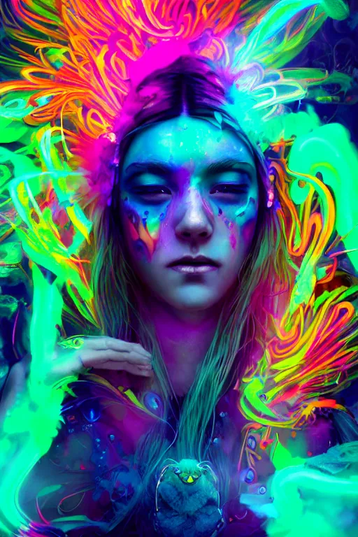 Prompt: a beautiful shaman girl engulfed in colorful liquid smoke and neon clouds, a colorful psychedelic experience, dmt, lsd, face, highly detailed, artstation, concept art, matte, sharp focus, illustration, digital art by hana yata, and artem demura and beeple, octane render, unreal engine, 8 k, pixel sorting