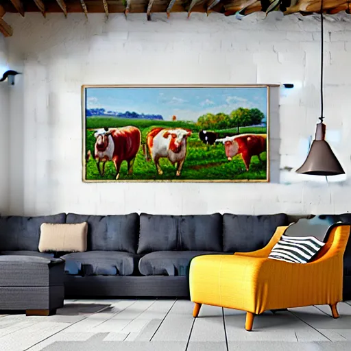 Image similar to interior view of modern futuristic farm barn architecture and interior design, lounge chairs, sofas, cows, chickens, pigs, wall art, detailed luminescent oil painting 4 k