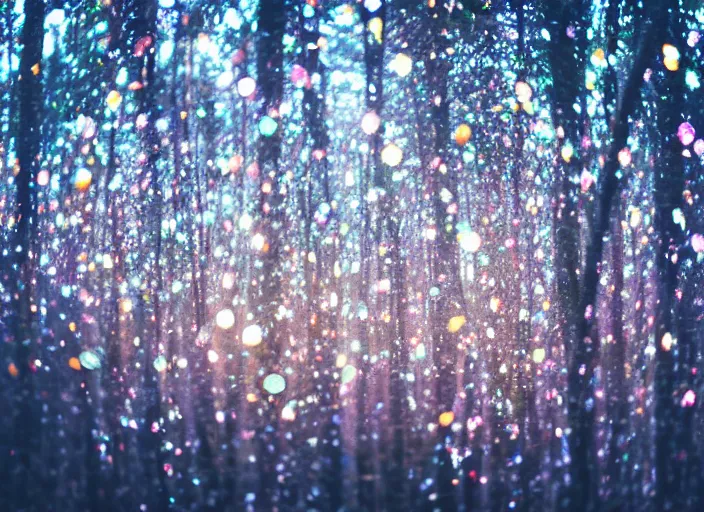 Prompt: a magical forest with crystal flowers that glow in the dusk, close up, bokeh,