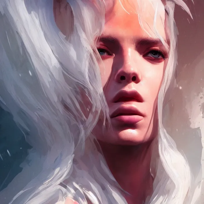 Prompt: a realistic detail portrait of a beautiful female angle has white hair in atlantis, magic, dragon, ink painting by julian calle, wlop, greg rutkowski, finnian macmanus, syd mead trending on artstation, red and yellow scheme, 8 k, unreal engine, wide - angle lens