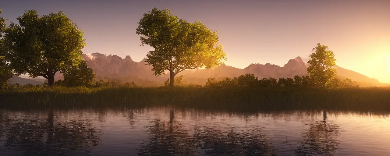 Image similar to big realistic tree near to a river on sunset with reflection on the leaves and mountains in the background, landscape, extremely high fidelity, 8 k, super resolution, concept art, cinematic view, super resolution, unreal engine 5, perspective 3 d octane render, light rays, lens flare, epic, hyperdetailed