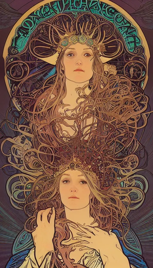 Image similar to The oracle of the dreaming, alphonse mucha, da vinci, Dan Mumford, Josan Gonzalez