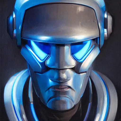 Image similar to robot with glowing blue monovisor as a realistic scifi cyberpunk knight, closeup portrait art by donato giancola and greg rutkowski, realistic face, digital art, trending on artstation, symmetry!!!