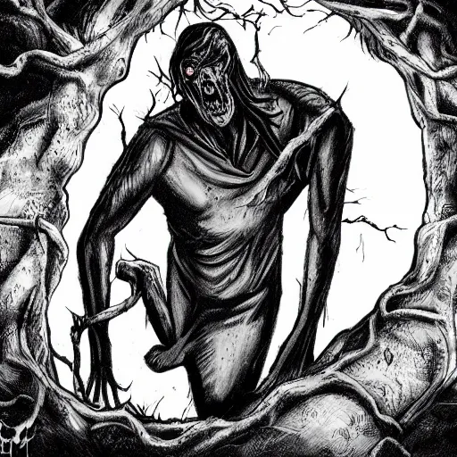 Image similar to b & w horror comic art of a vampire emerging from a hole beneath a tree