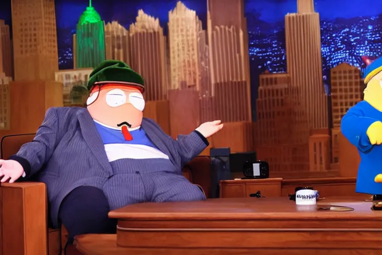 Image similar to Eric Cartman on the Jimmy Fallon Show, he is the main guest. Jimmy Fallon is laughing maniacally