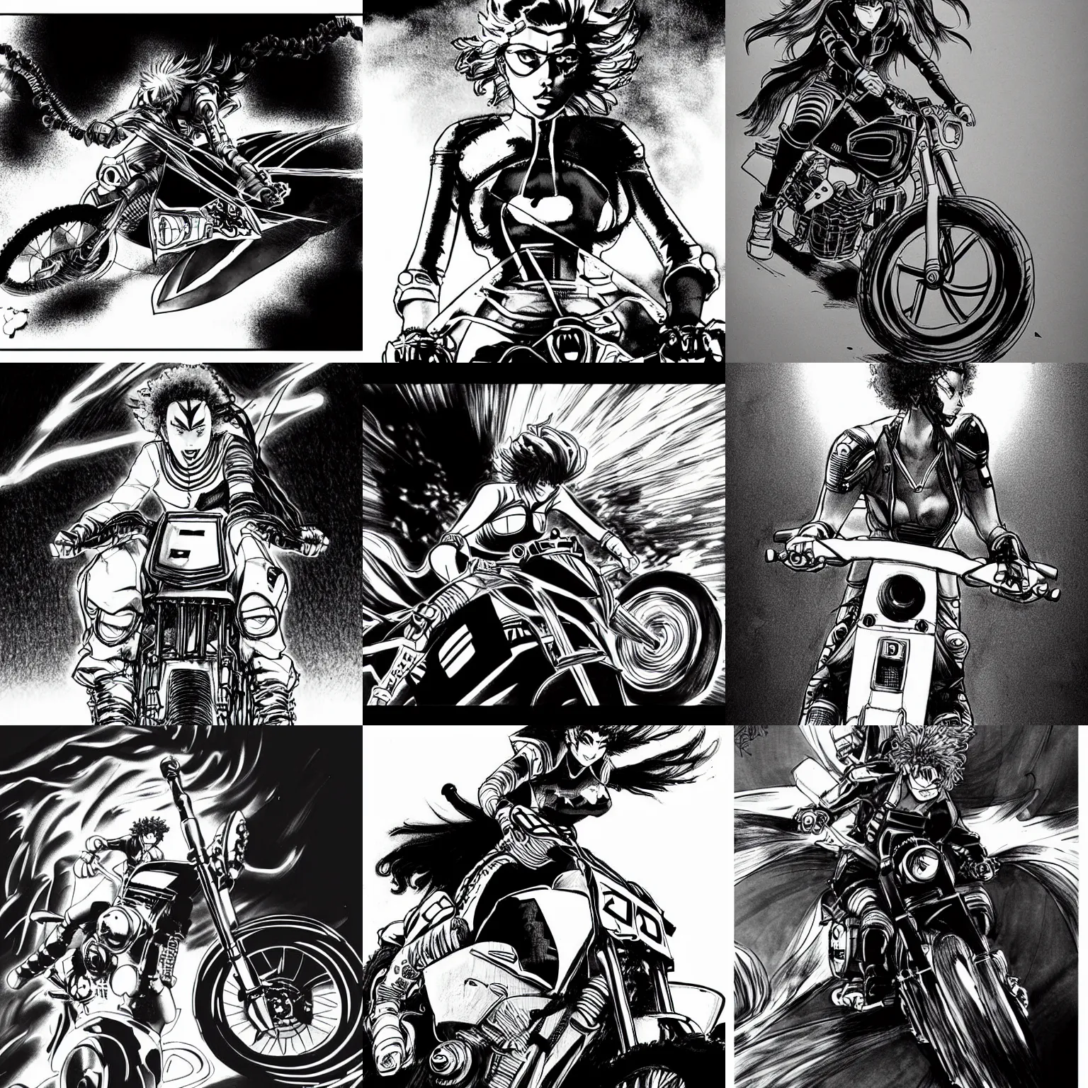 Prompt: angry scarlett johansson riding futuristic motorcross bike, afro samurai manga style, pencil and ink, dramatic lighting,