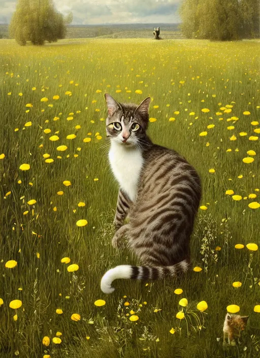 Image similar to the cat in the field from : dandelions, poppy and tulip, chamomile, hyperrealism, no blur, 4 k resolution, ultra detailed, style of ivan shishkin, tyler edlin, tom bagshaw, arthur rackham,