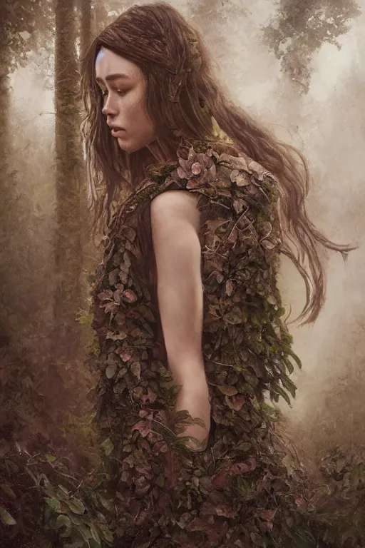 Prompt: Alycia Debnam-Carey as a wood nymph full body portrait, seductive, sexy, leaves, intricate, digital painting, old english, sepia, whimsical background by marc simonetti, artwork by liam wong