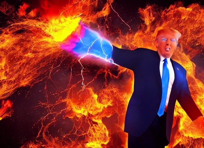 Prompt: burning donald trump on fire casting fireballs, colorful hd picure, lightning in the background