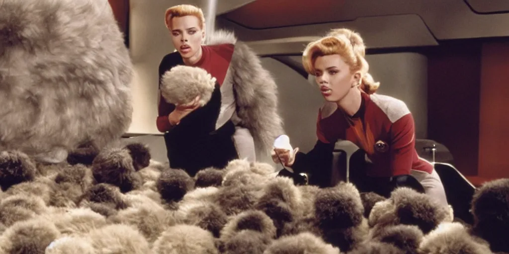 Image similar to Scarlett Johansson and Tribbles in a scene from Star Trek the original series