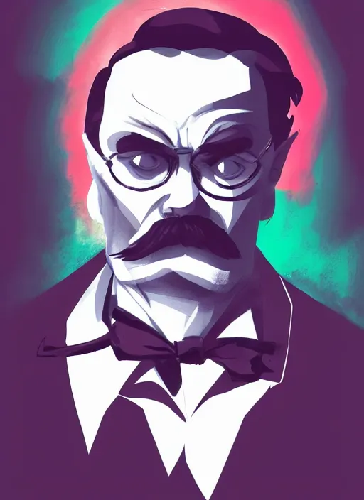 Image similar to Portrait of Friedrich Nietzsche in his Suit with a chiseled Jawline and serious Look, in the Style of Atey Ghailan and Artgerm and Mike Mignola, hard shadows, neon rim light, beautiful colors, plain background, trending on artstation
