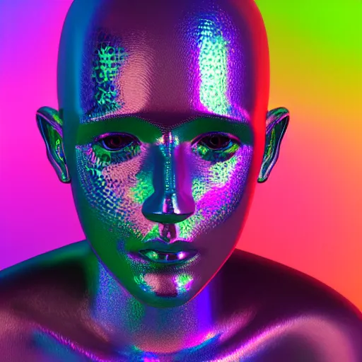 Image similar to 3d render of holographic human robotic head made of glossy iridescent, surrealistic 3d illustration of a human face non-binary, non binary model, 3d model human, cryengine, made of holographic texture, holographic material, holographic rainbow, concept of cyborg and artificial intelligence