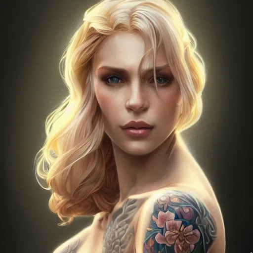 Prompt: ultra realistic illustration, a hot and beautiful tattooed blonde slavic woman in her 3 0's, intricate, elegant, highly detailed, digital painting, artstation, concept art, smooth, sharp focus, illustration, art by artgerm and greg rutkowski and alphonse mucha