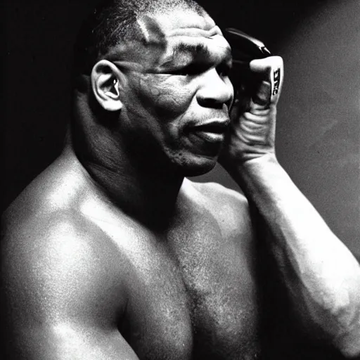 Image similar to this is probably the first time mike tyson is speaking on the phone. and what is he saying? why is he being held hostage and what is his state of mind?