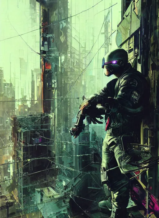 Image similar to Eminem ,Cyberpunk mercenary in tactical gear climbing a security fence. rb6s, (Cyberpunk 2077), blade runner 2049, (matrix). Epic painting by Craig Mullins and Alphonso Mucha. painting with Vivid color.