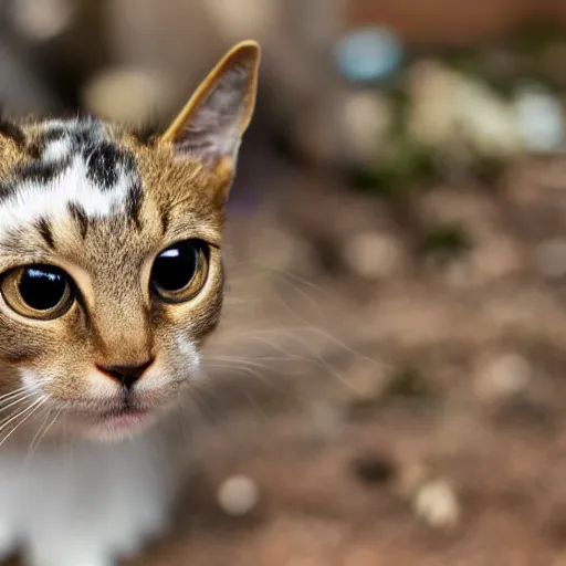 Image similar to a small domestic housecat with a spotted mushroom growing atop its head