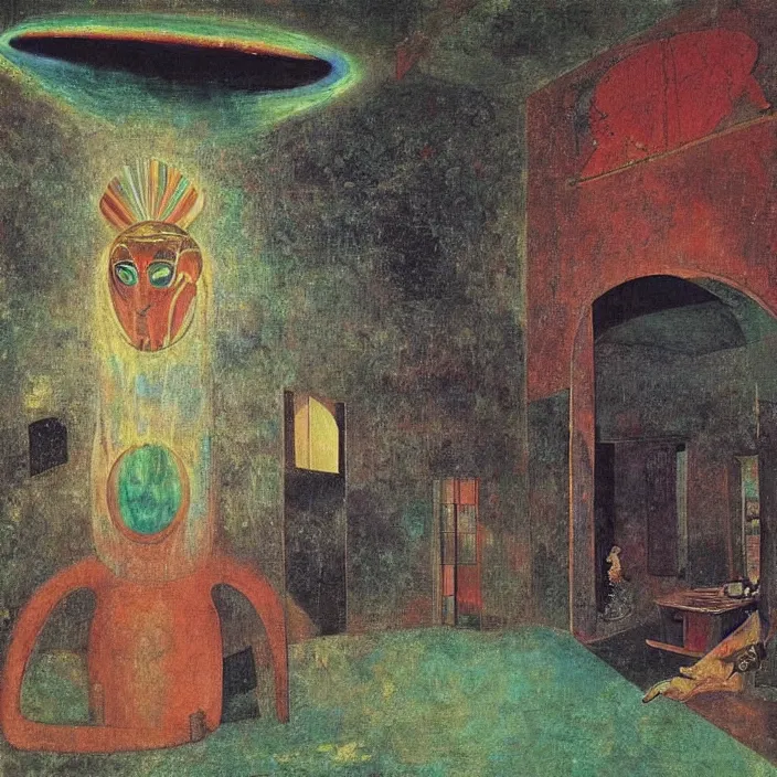 Image similar to interior of an old house flooded. african masks. aurora borealis. iridescent, psychedelic colors. painting by balthus, piero della francesca, agnes pelton, bosch, utamaro, monet