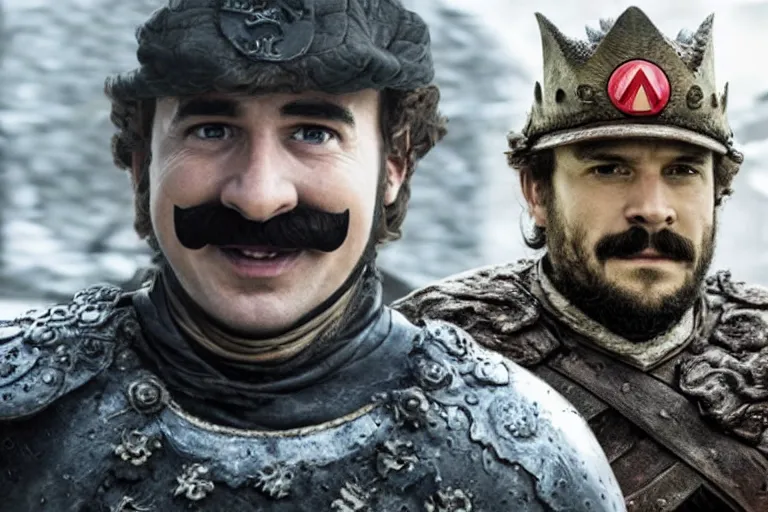 Image similar to promotional image of Super Mario in Game of Thrones, realistic, detailed face, movie still frame, promotional image, imax 70 mm footage