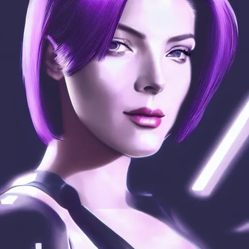 Image similar to A combination of Grace Kelly's and Katheryn Winnick's and Ashley Greene's faces with short violet hair as Motoko Kusanagi from Ghost in The Shell, cyberpunk style, synthwave aesthetic, fantasy, intricate, elegant, highly detailed, digital painting, artstation, concept art, matte, sharp focus, illustration, half body portrait, art by Artgerm and Greg Rutkowski and Alphonse Mucha