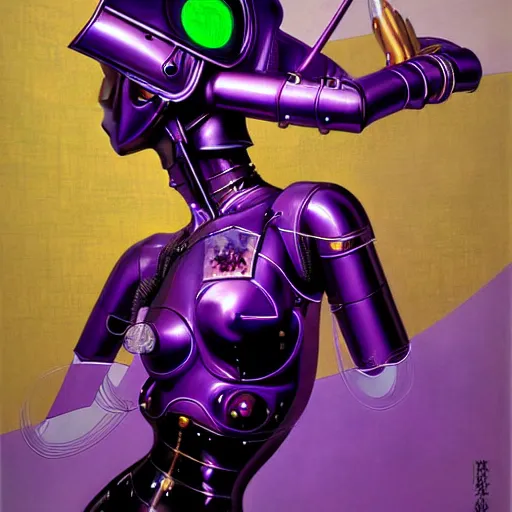 Prompt: unique epic anime purple and green space cyborg armor, monumental painting by gerrit van honthorst and hajime sorayama and devis stuart, illusion surreal art, highly conceptual figurative art, intricate detailed oil illustration, controversial poster art, polish poster art 1 9 8 0